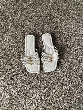 Marc Fisher White Braided Slide Sandals with Gold Trim